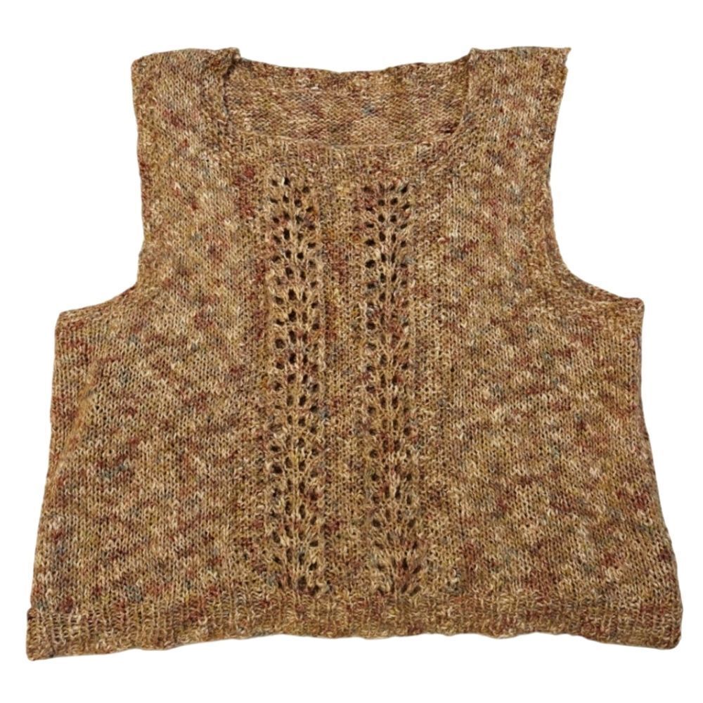 Hand-Knit Mustard Lace-Panel Sleeveless Sweater Vest